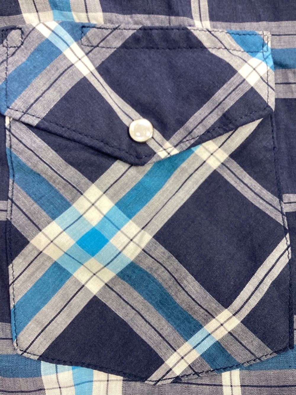 Y2K Wrangler Navy & Light Blue Plaid Pearl Snap Shirt XL‎ Western Cowboy Rodeo - Picture 8 of 8
